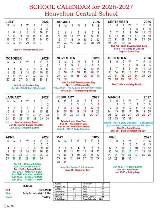 Heuvelton Central School 2026–2027 Academic Calendar Page 1