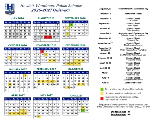 Hewlett-Woodmere Union Free School District 2026–2027 Academic Calendar