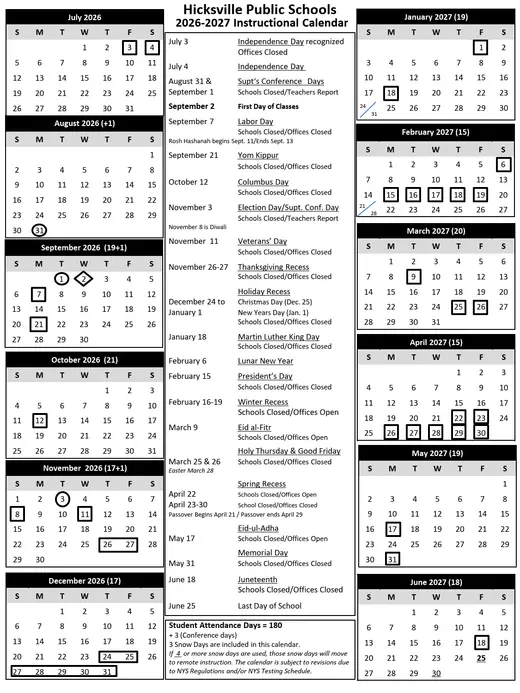 Hicksville Public Schools 2026–2027 Academic Calendar Page 1