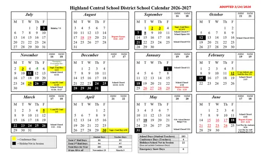 Highland Central School District 2026–2027 Academic Calendar