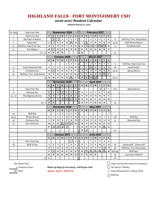 Highland Falls - Fort Montgomery CSD 2026–2027 Academic Calendar