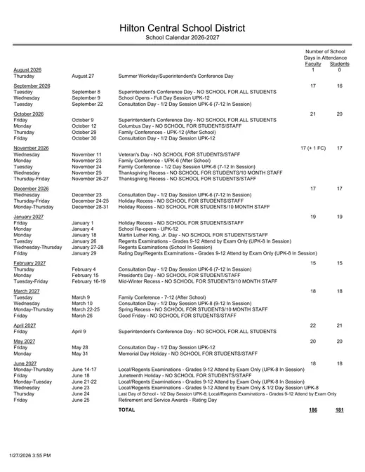 Hilton Central School District CSD 2026–2027 Academic Calendar