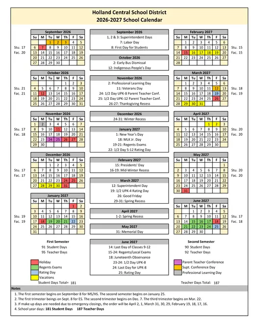 Holland Central School District CSD 2026–2027 Academic Calendar