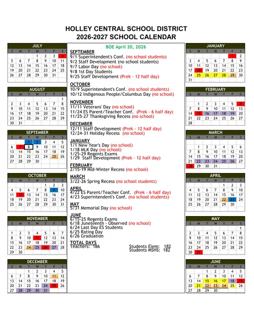 Holley Central School District 2026–2027 Academic Calendar Page 1