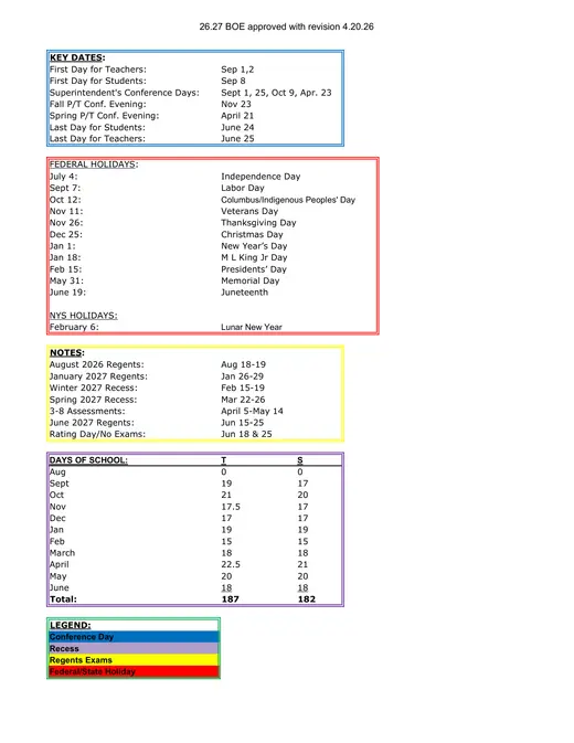 Holley Central School District 2026–2027 Academic Calendar Page 2