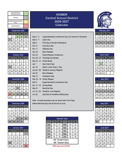 Homer Central School District 2026–2027 Academic Calendar Page 1