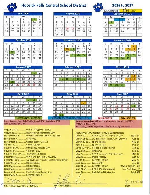 Hoosick Falls Central School District 2026–2027 Academic Calendar Page 1