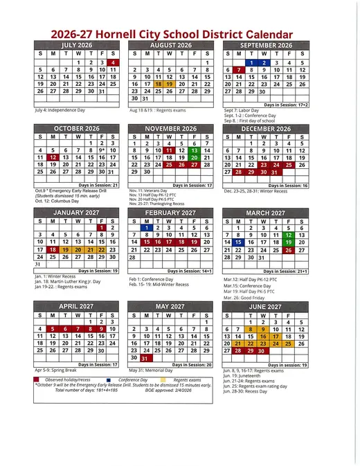 Hornell City School District 2026–2027 Academic Calendar