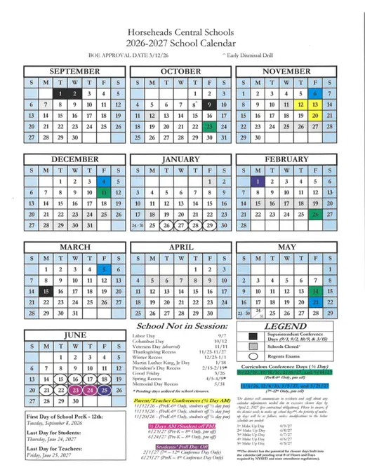 Horseheads Central Schools CSD 2026–2027 Academic Calendar