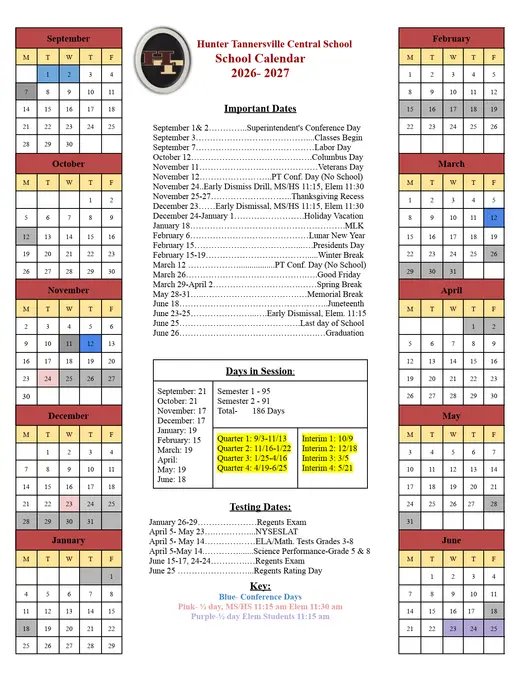Hunter Tannersville Central School 2026–2027 Academic Calendar Page 1