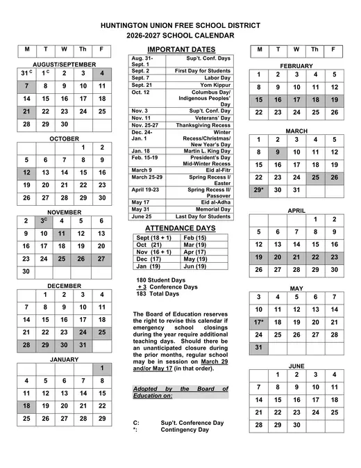 Huntington Union Free School District Ufsd 2026–2027 Academic Calendar