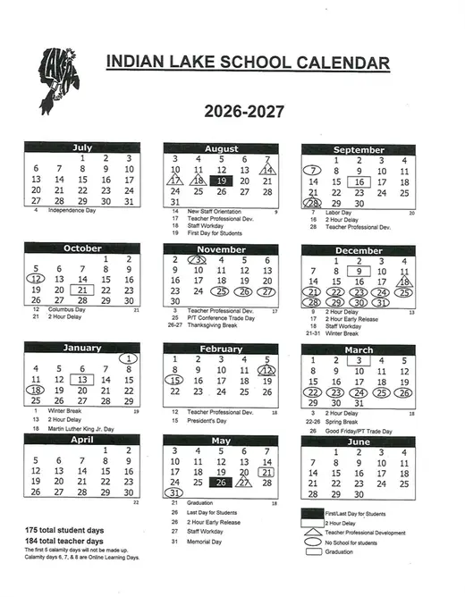 Indian Lake School 2026–2027 Academic Calendar Page 2