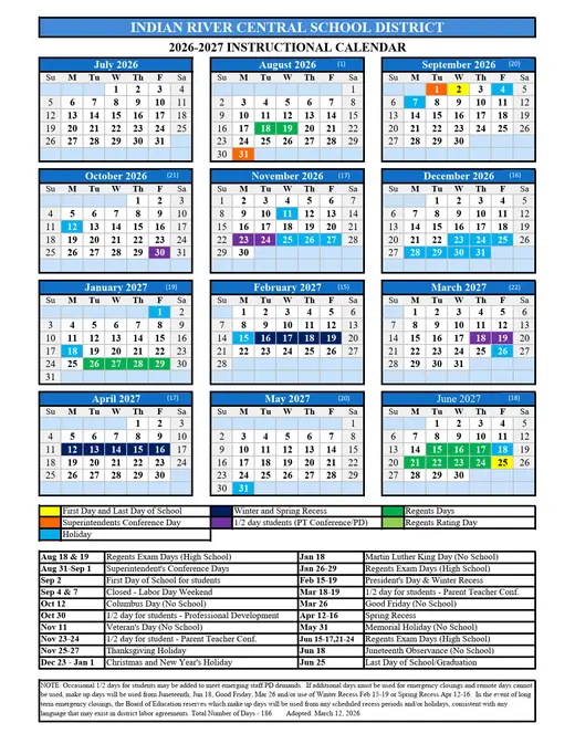 Indian River Central School District 2026–2027 Academic Calendar Page 1