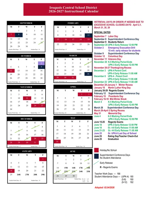Iroquois Central School District 2026–2027 Academic Calendar