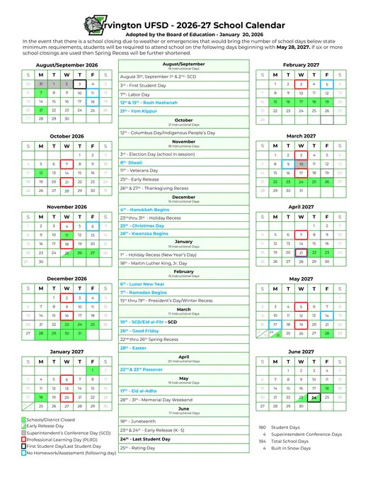 Irvington UFSD 2026–2027 Academic Calendar