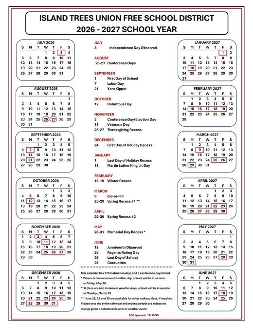 Island Trees UFSD 2026–2027 Academic Calendar