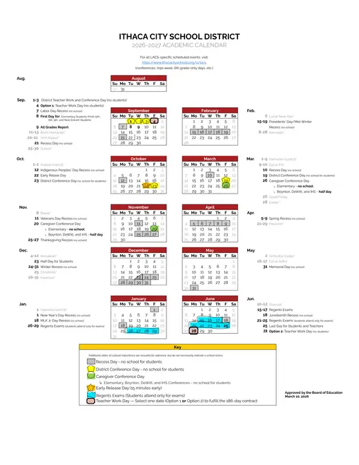 Ithaca City School District 2026–2027 Academic Calendar Page 1