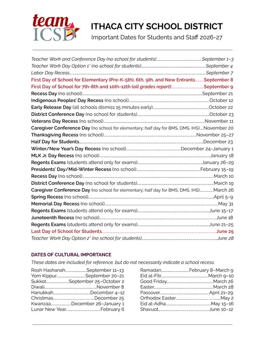 Ithaca City School District 2026–2027 Academic Calendar Page 2