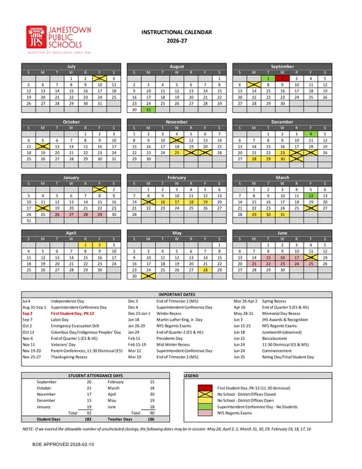 Jamestown Public Schools 2026–2027 Academic Calendar