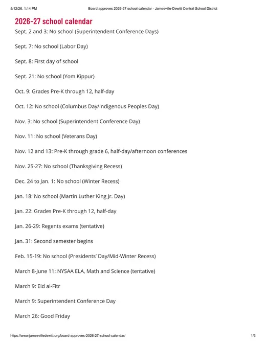 Jamesville-DeWitt Central School District CSD 2026–2027 Academic Calendar Page 1