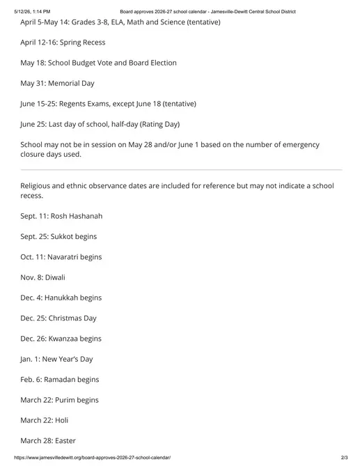 Jamesville-DeWitt Central School District CSD 2026–2027 Academic Calendar Page 2