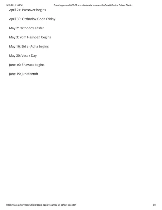 Jamesville-DeWitt Central School District CSD 2026–2027 Academic Calendar Page 3