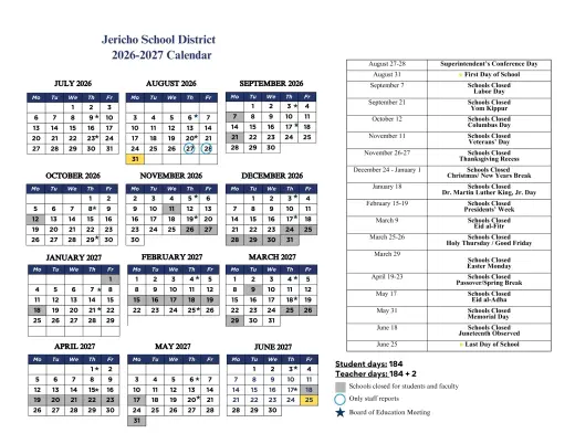 Jericho School District 2026–2027 Academic Calendar Page 1