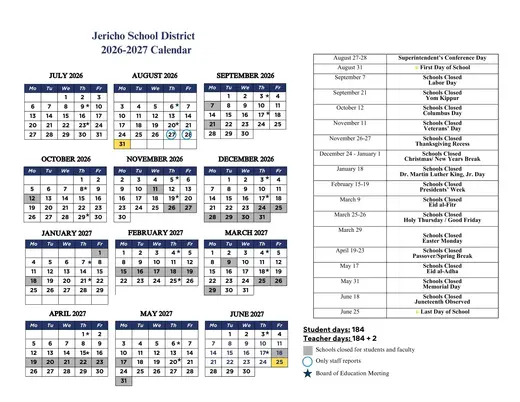 Jericho School District 2026–2027 Academic Calendar Page 2