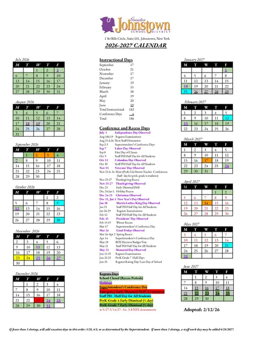 Johnstown City School District 2026–2027 Academic Calendar