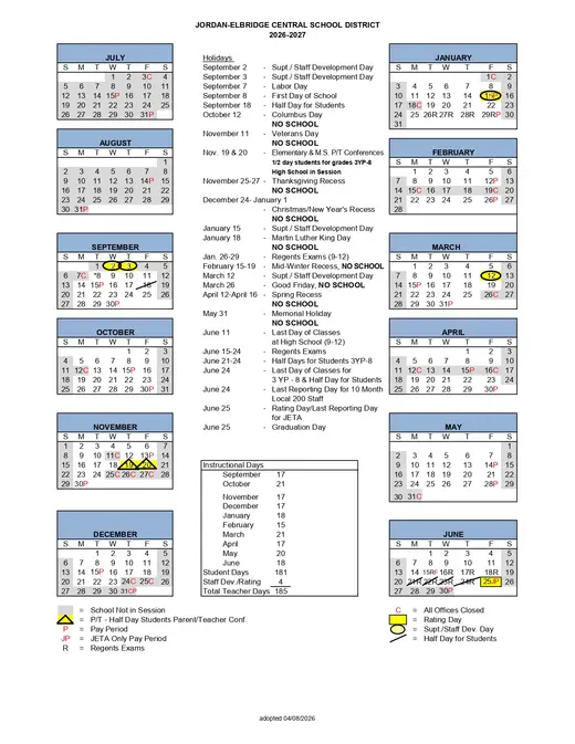 Jordan-Elbridge Central School District 2026–2027 Academic Calendar