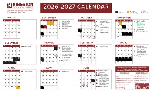 Kingston City School District 2026–2027 Academic Calendar Page 1