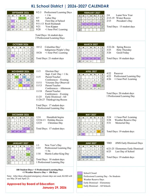 KL School District UFSD 2026–2027 Academic Calendar