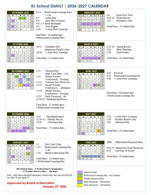 KL School District 2026–2027 Academic Calendar