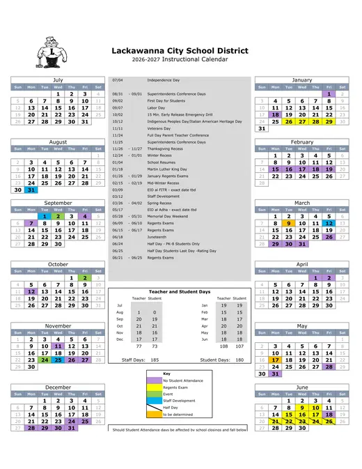 Lackawanna City School District City SD 2026–2027 Academic Calendar Page 1