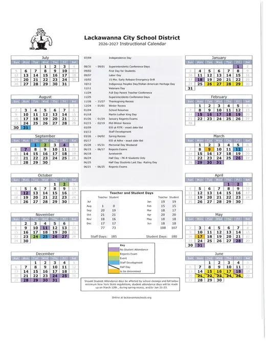 Lackawanna City School District 2026–2027 Academic Calendar Page 1