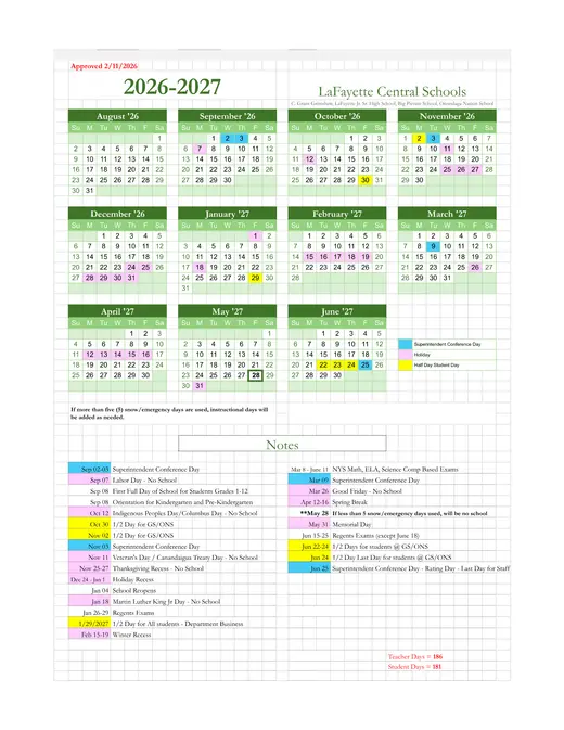 LaFayette Central Schools CSD 2026–2027 Academic Calendar