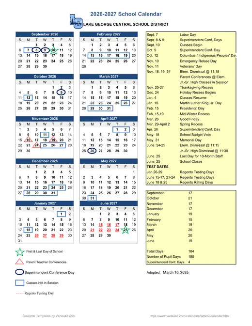 Lake George Central School District CSD 2026–2027 Academic Calendar