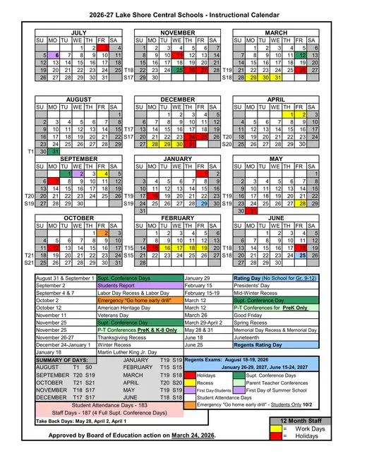 Lake Shore Central Schools CSD 2026–2027 Academic Calendar