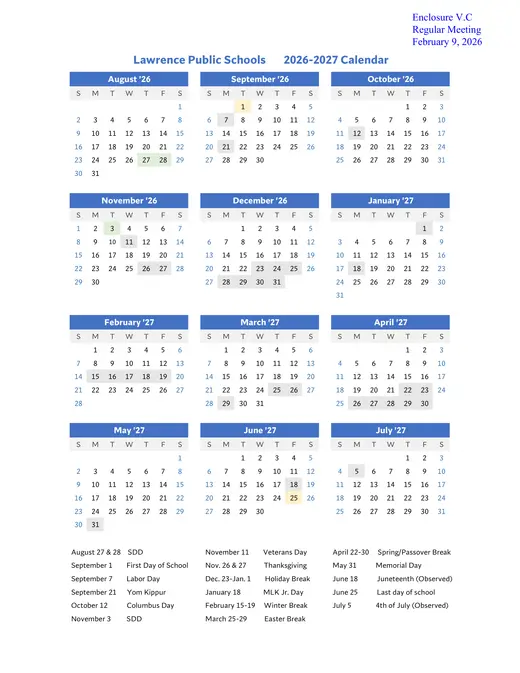 Lawrence Union Free School District 2026–2027 Academic Calendar