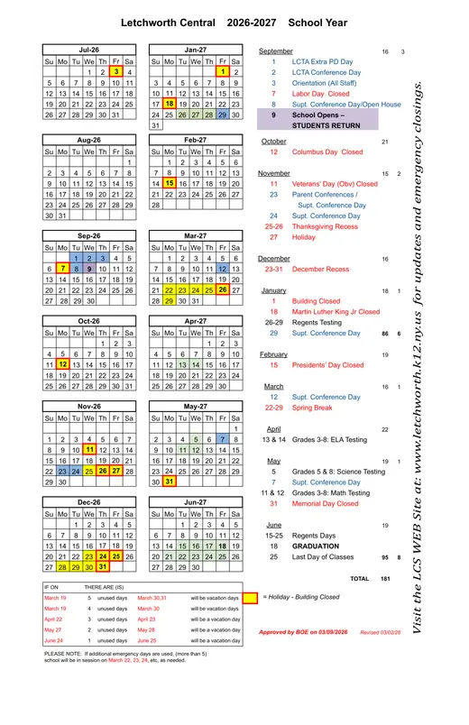 Letchworth Central School District 2026–2027 Academic Calendar