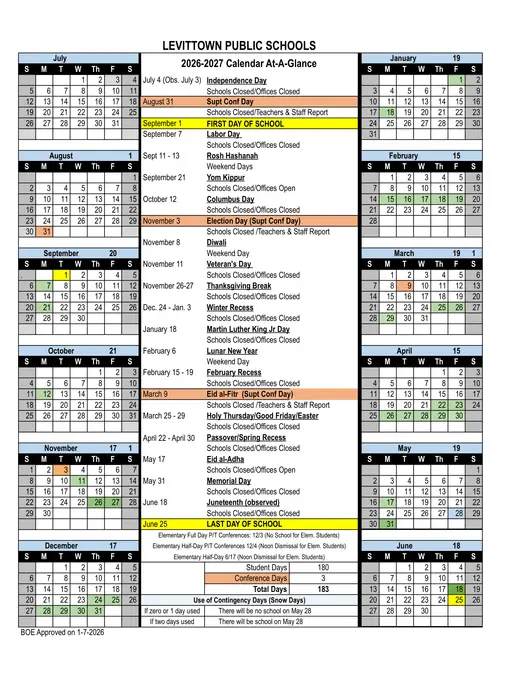 Levittown Public Schools UFSD 2026–2027 Academic Calendar