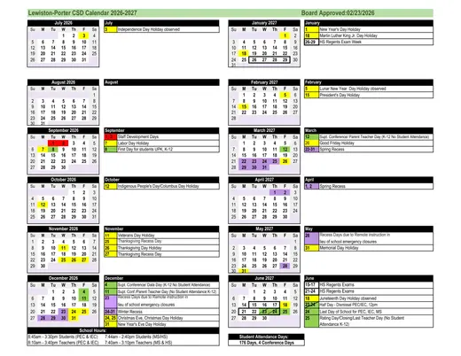 Lewiston-Porter CSD 2026–2027 Academic Calendar