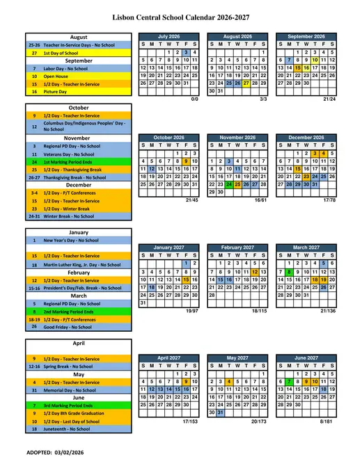 Lisbon Central School CSD 2026–2027 Academic Calendar