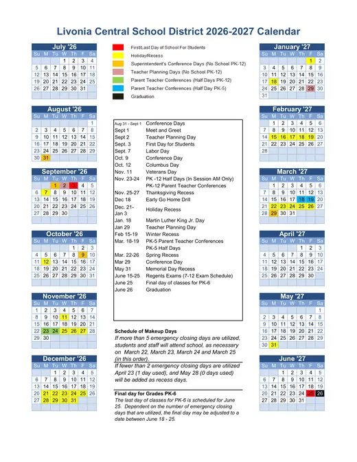 Livonia Central School District 2026–2027 Academic Calendar