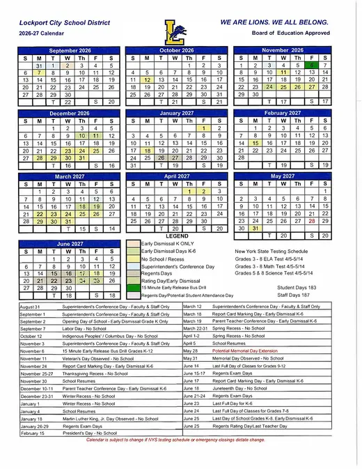 Lockport City School District City SD 2026–2027 Academic Calendar