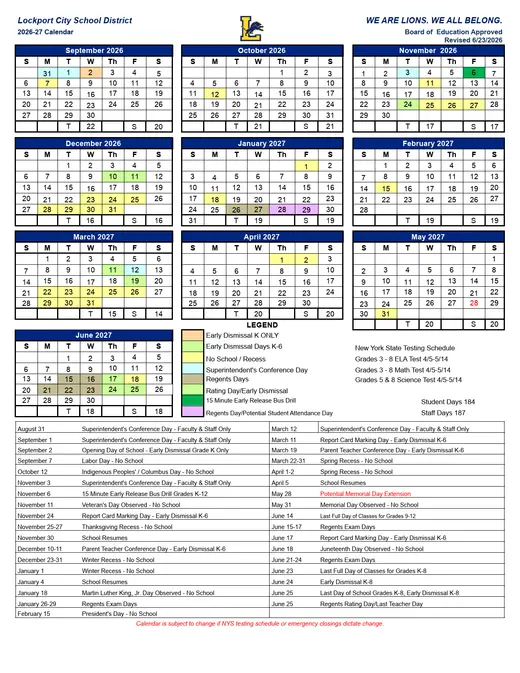Lockport City School District 2026–2027 Academic Calendar Page 1