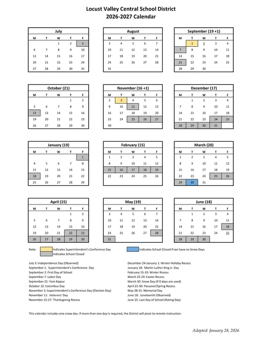 Locust Valley Central School District 2026–2027 Academic Calendar
