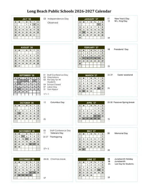 Long Beach Public Schools City SD 2026–2027 Academic Calendar Page 1