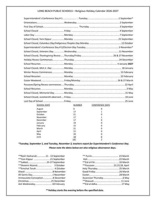 Long Beach Public Schools City SD 2026–2027 Academic Calendar Page 2
