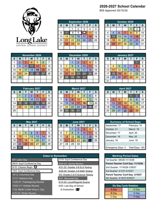 Long Lake Central School District CSD 2026–2027 Academic Calendar